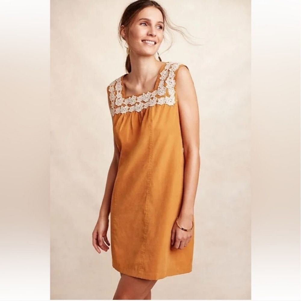 Anthropologie Tracy Reese Plenty Rosette Lace Shift York Dress Mustard XS